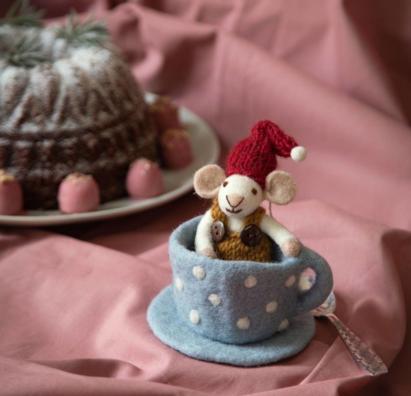 Christmas Mouse Figure in a Blue Coffee Cup
