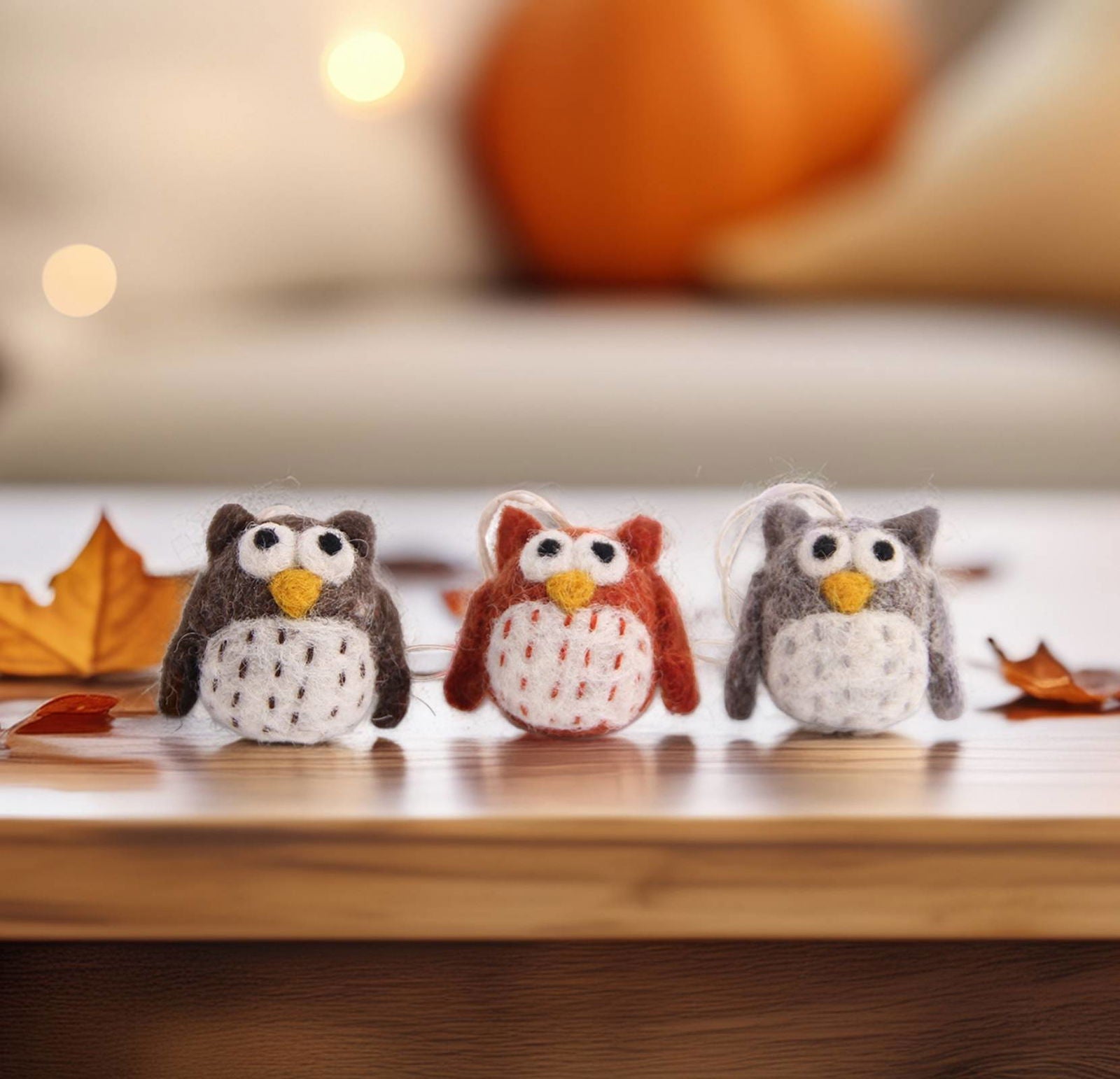 Felt Owl Hanging Decorations in Natural Colours – Set of 3
