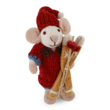 Kleine weiße Weihnachtsmaus-Figur mit Kleid & Skiern