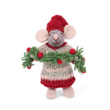 Kleine graue Weihnachtsmaus-Figur mit Girlande