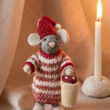 Small Grey Felt Baby Mouse Figure in a Dress with Mushroom in a Bucket