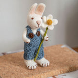 White Felt Bunny Figure with Blue Trousers & Daisy