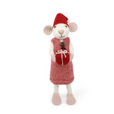 Medium White Christmas Mouse Figure with Dress & Gift