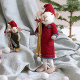 Mittlere weiße Weihnachtsmaus-Figur mit Kleid & Skiern