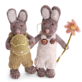 Grey Easter Bunny Figures with Egg and Flower