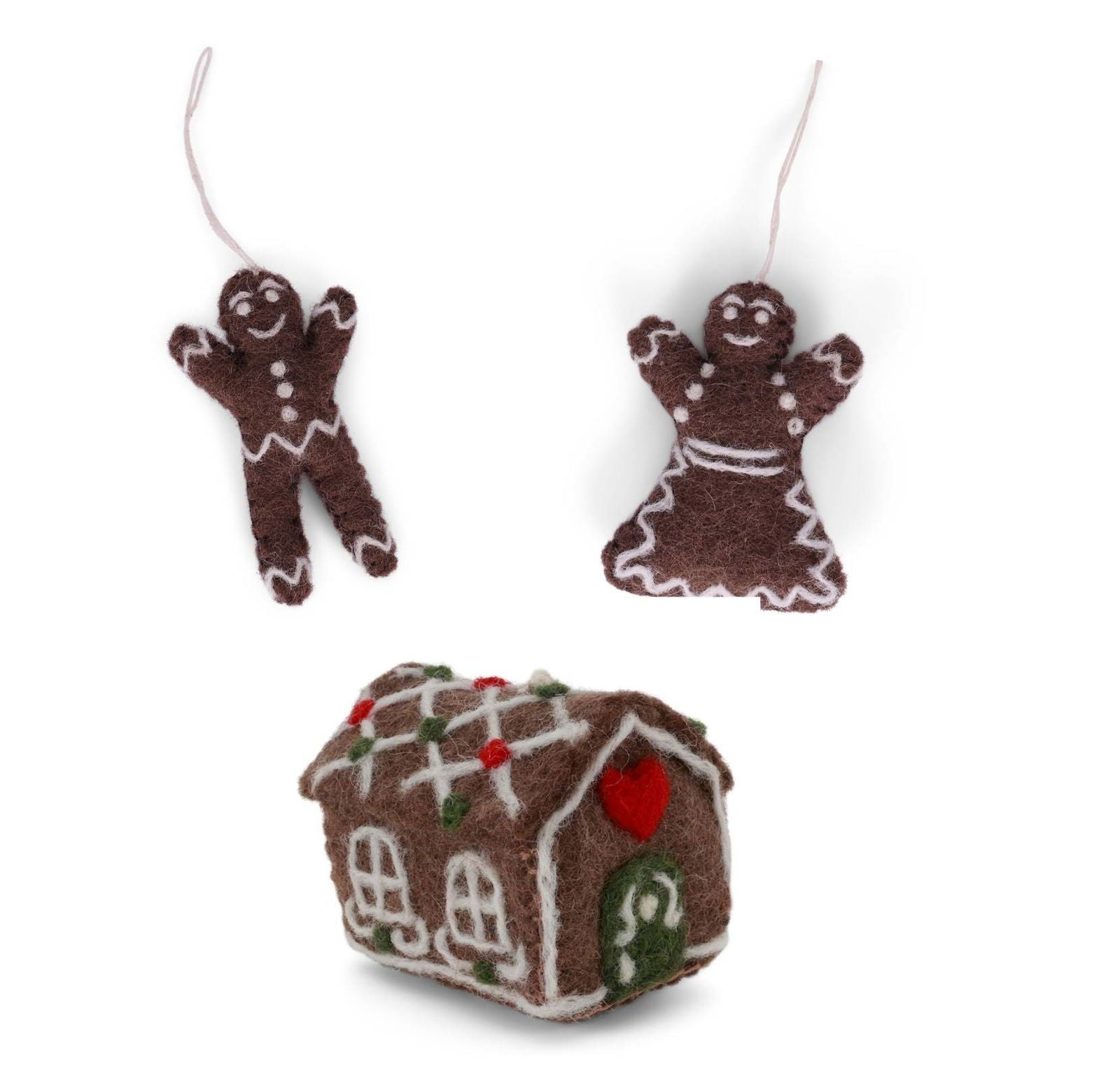 Handgefilzte Lebkuchen-Weihnachtsornamente aus Wollfilz – Fair-Trade-Handarbeit aus Nepal im skandinavischen Design von Gry & Sif.