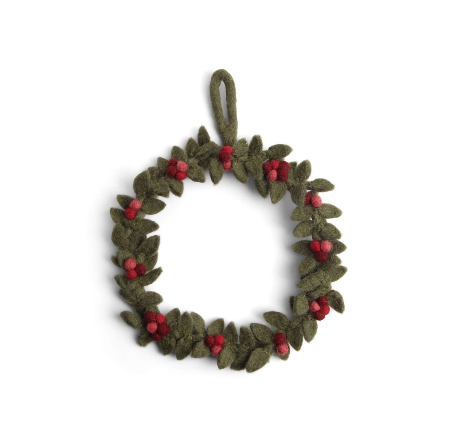 Handgefilzter kleiner Türkranz aus Wollfilz in Grün mit roten Beeren – nachhaltige Weihnachtsdeko von Gry & Sif, fair gehandelt und liebevoll handgemacht