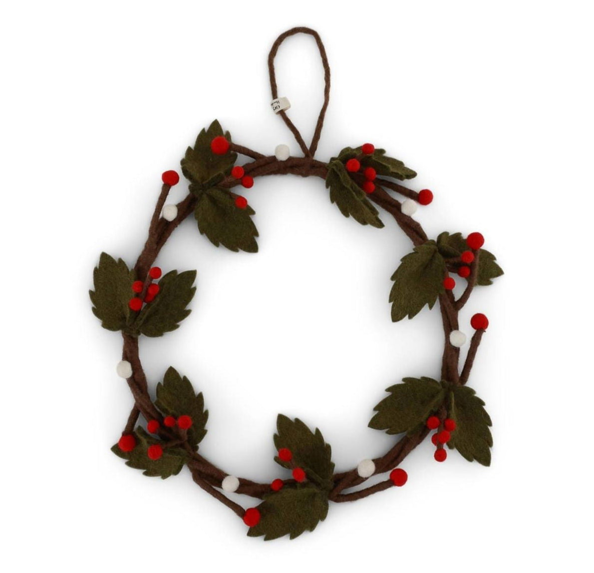Handgefertigter Stechpalmenkranz aus dunkelgrünem Filz mit roten Beeren von Gry & Sif – nachhaltige Weihnachtsdekoration aus fairer Produktion.